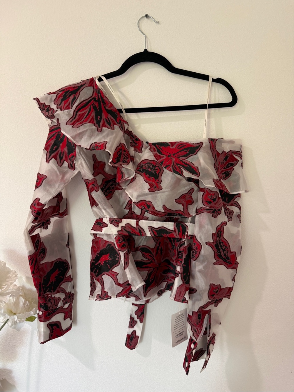 Self-Portrait White One-Shoulder Floral Ruffle Top with Red and Black Print
